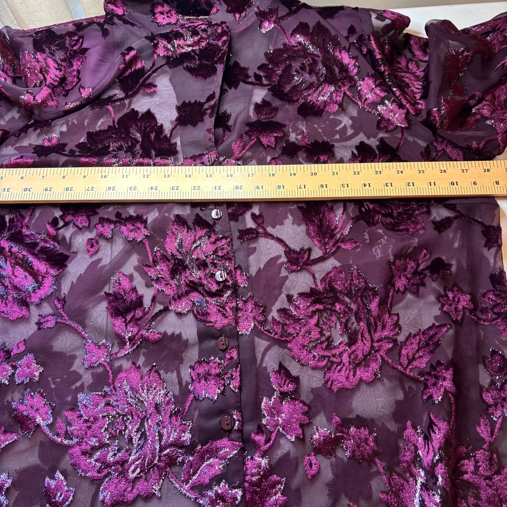 Burgundy Purple Burnout Velvet Floral Button Up Sheer Shirt Top 2X Whimsigoth - Picture 10 of 13